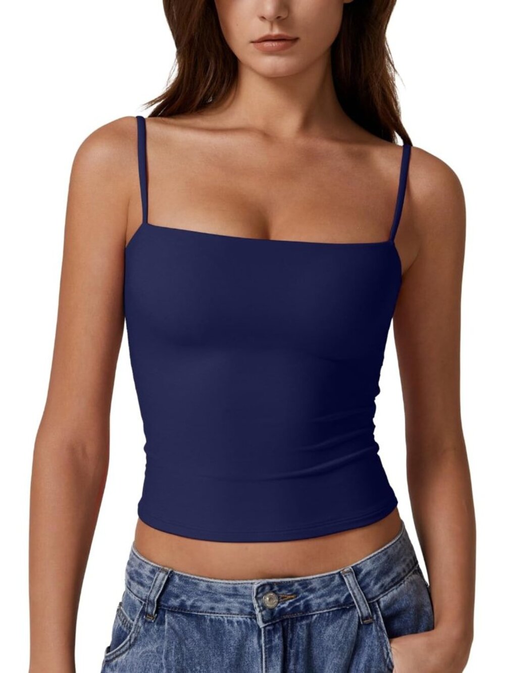 Women's Estate Blue Sleeveless Tank Top Square Neck Double Lined Stretch